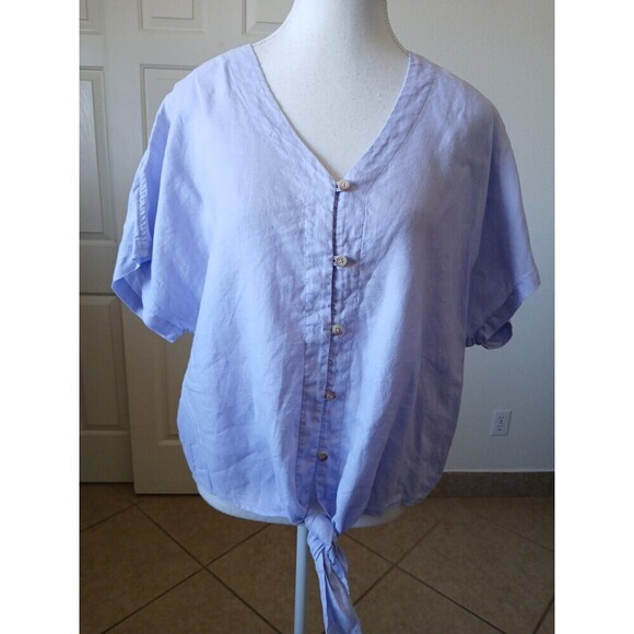 Cremieux Women's Light Purple L 100% Linen V-Neck Short Sleeve Front Tie Blouse - Picture 2 of 16